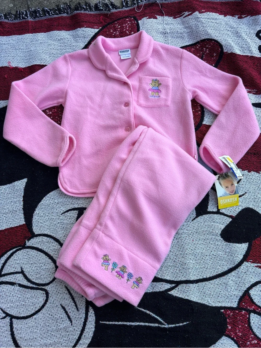 VTG Y2K NWT OSH KOSH PINK FLEECE TEDDY BEAR PAJAMA SET GIRLS SIZE 12